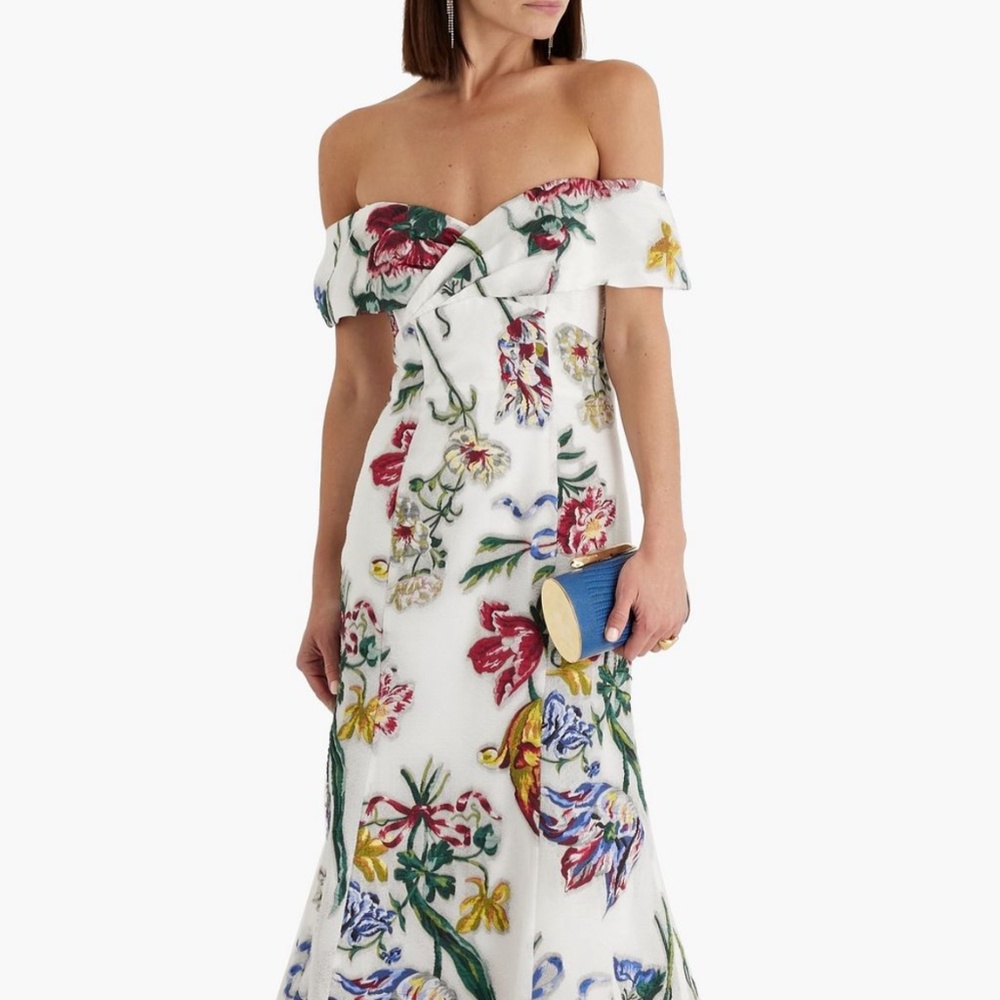 Marchesa Notte Off-the-shoulder brocade midi dress